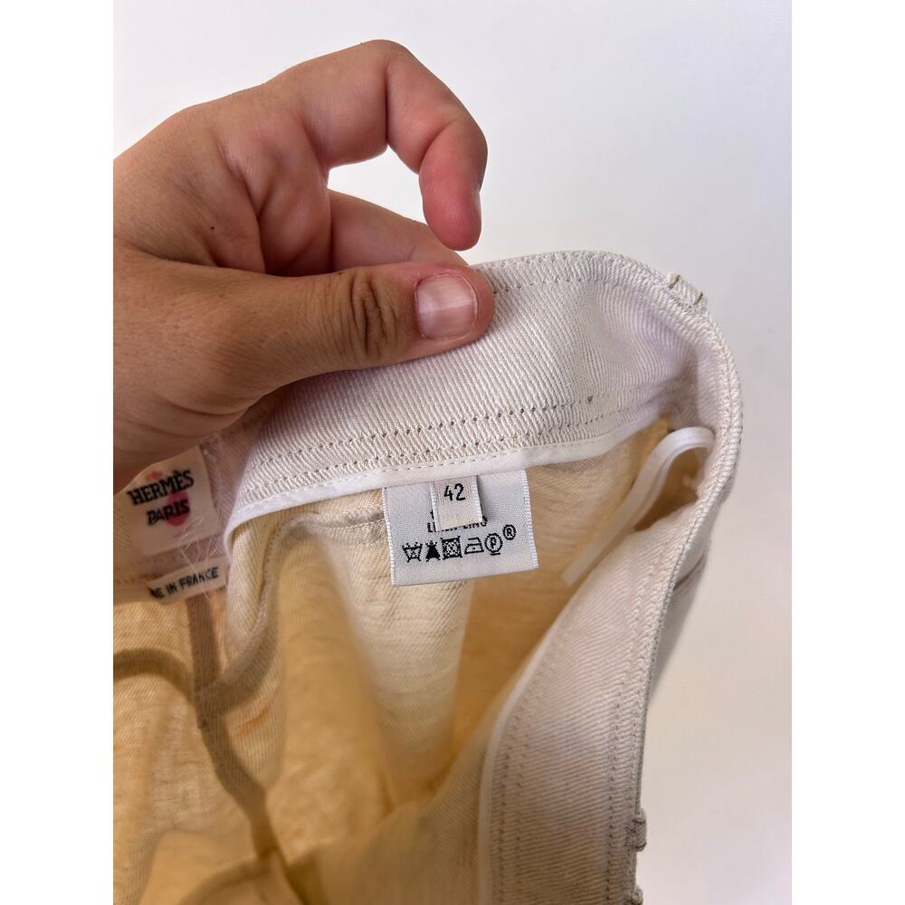 Vintage Hermes Ecru Cream Linen Wide Leg Cropped Jeans Pants 42 H Belt Loop - Picture 10 of 11